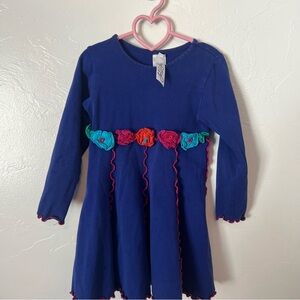Girls' Navy Blue BOHO Long-Sleeve Dress with Flower Trim Size 4T